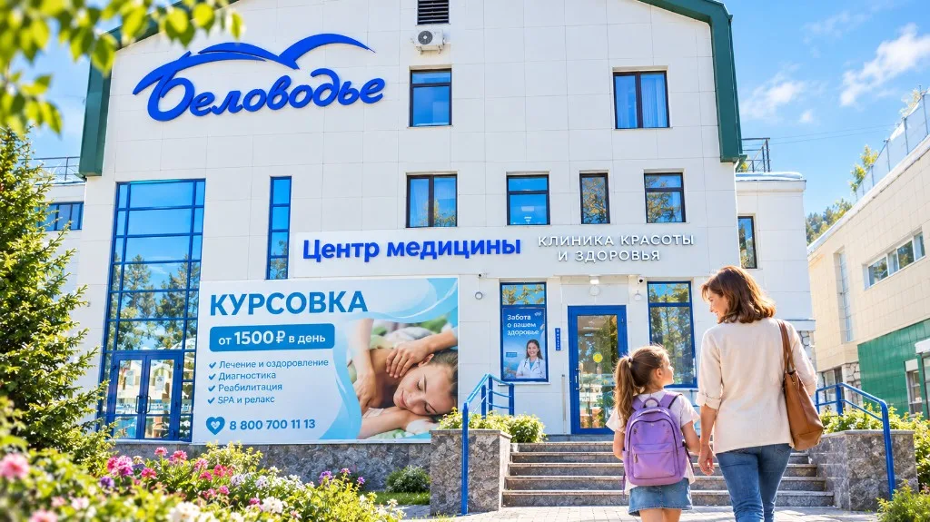 Мама с ребёнком у входа в центр Беловодье, Белокуриха